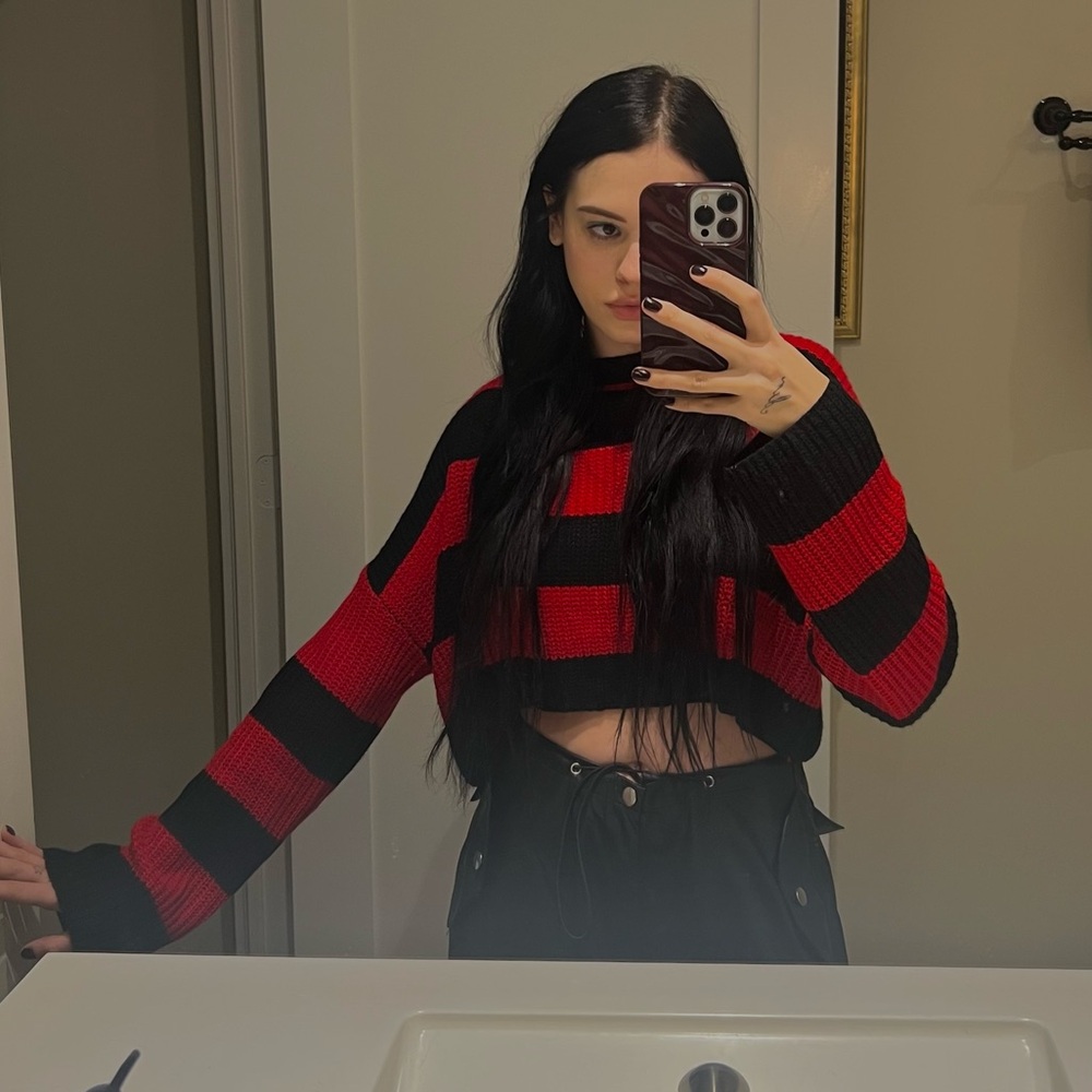 Red and Black Striped Loose Knit Sweater